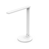Weiße Tischleuchte mit flexiblem Gelenkarm, neigbarem Kopf und drehbarem Fuß mit Touch-Dimmer.