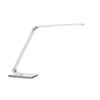 Weiße Tischleuchte mit verstellbarem Gelenkarm und neigbarem Leuchtkopf.