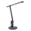 Metallgraue Tischleuchte mit verstellbarem Gelenkarm und Touch-Schalter am Fuß.