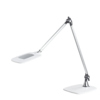 Tischleuchte mit doppeltem Gelenkarm und drehbarem Leuchtenkopf in Silber und Weiß.