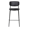 Schwarzer Barhocker mit minimalistischer Form und metallischem Gestell, Frontalansicht.