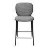 Grauer Barhocker mit gepolsterter Sitzfläche und schwarzem Metallgestell, frontale Ansicht.