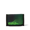 Geldbörse in Schwarz mit grünem geometrischem Muster und Markenlogo auf der Vorderseite.