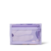 Lila Geldbörse mit transparentem Sichtfenster und Reißverschlussfach, frontal abgebildet.