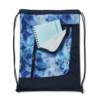 Sportbeutel mit blauer, gemusterter Oberfläche und einer Tasche für ein Notizbuch.