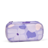 Lila Schlampermäppchen mit floralem Muster, seitliche Ansicht.