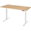 Lichtgrauer Schreibtisch mit Holzplatte und elektrisch verstellbarem Gestell.