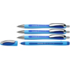 Vier blaue Kugelschreiber mit unterschiedlichem Design und einer Kappe in hellblau.
