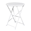 Runder, weißer Klapptisch mit einem stabilen, faltbaren Gestell aus Metall.