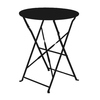 Schwarzer Klapptisch mit runder Tischplatte und gestrebt klappbarem Gestell.