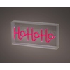 Leuchtschild mit dem Schriftzug "HoHoHo" in pinker Neonfarbe auf einem transparenten Hintergrund.