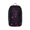Schulrucksack mit floralem Design in Schwarz und Pink, Frontansicht.