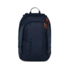 Blauer Schulrucksack mit minimalistischer Form und zwei vorderen Reißverschlusstaschen.