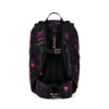 Schulrucksack in Schwarz mit buntem Flower-Design, gezeigt von hinten mit Tragesystem.