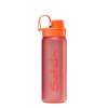 Orangefarbene Satch Trinkflasche mit Deckel und Tragegriff, transparentes Design.