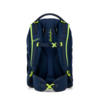 Schulrucksack in Dunkelblau mit leuchtend grünen Akzenten, Rückansicht, gepolstertes Tragesystem.