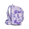 Lila Schulrucksack mit floralen Mustern, seitliche Ansicht und verstellbarem Hüftgurt.
