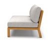 Seitenansicht eines 2-Sitzer-Loungemöbels mit hellgrauem Kissen und Holzgestell.