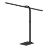Schwarze Tischleuchte mit flexiblem Doppelkopf und rechteckigem Standfuß.
