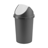 Kompakter Abfalleimer mit Schwingdeckel in grauer Farbe und weißem Deckel.