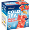 Meßmer Tee Cold Tea Melone-Erdbeere in Verpackung mit fruchtigem Getränk und Eiswürfeln.