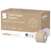 Kartonverpackung mit einer Rolle des Satino by WEPA PureSoft Toilettenpapiers in neutraler Farbe.