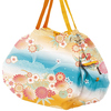 Bunte Shupatto Tragetasche mit floralem Design in blauen, gelben und rosa Farbtönen.