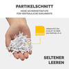 Aktenvernichter mit Partikelschnitt zeigt shreddete Papierstücke und Sicherheitsinformationen.