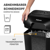 Aktenvernichter mit abnehmbarem Schneidkopf, 17 l Behälter und transparentem Fenster in Nutzung.