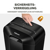 Aktenvernichter mit Sicherheitsverriegelung und Bedienelementen in Nahaufnahme.