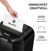 Aktenvernichter, der bis zu 8 Blatt in einem Durchgang vernichtet, mit Sicherheitshinweisen.
