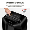 Aktenvernichter mit SafeSense®-Technologie, Hand berührt Papiereinzug, Sicherheitsstopp aktiv.