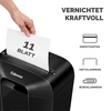 Aktenvernichter in Schwarz, der 11 Blatt, Kreditkarten, Heft- und Büroklammern vernichtet.