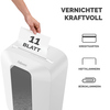 Weißer Aktenvernichter shreddet bis zu 11 Blatt Papier sowie Kreditkarten und Büroklammern.