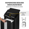 Aktenvernichter mit herausziehbarem Papierkorb, der 23 Liter und 515 Blatt fasst.