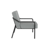 Grauer Sessel mit schwarzem Gestell, seitliche Ansicht, für den Innenbereich geeignet.