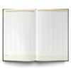 Offene Buchkalender-Doppelseite mit Monaten und Tagen für Terminplanung.