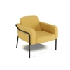 Gelber Sessel mit abnehmbarem Stoffbezug und schwarzem Metallgestell, frontale Ansicht.