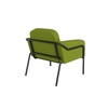 Rückansicht eines grünen Sessel für den Außenbereich mit einem Gestell aus schwarzem Metall.