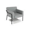Grau gefütterter Sessel mit schwarzem Gestell, geeignet für den Innenbereich.