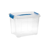 Transparente Aufbewahrungsbox mit blauen Griffen und Deckel, 18 Liter.