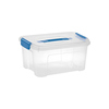 Transparente Aufbewahrungsbox mit blauen Griffflächen und Deckel, Volumen 13 Liter.