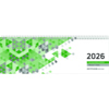 Querkalender 2026 mit geometrischem Muster in Grün und grauen Akzenten, Spiralbindung oben.