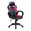Schwarzer und roter ergonomischer Gaming-Stuhl mit Rollfüßen und verstellbarer Sitzhöhe.