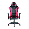 Ergonomischer schwarzer und roter Gaming-Stuhl mit verstellbaren Armlehnen und Kissen.