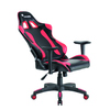 Schwarzer und roter ergonomischer Gaming-Stuhl mit verstellbaren Armlehnen und Rollen.