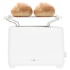 Weißer Toaster mit zwei runden Brötchen auf dem Röstaufsatz.