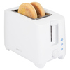 Weißer Toaster mit zwei Toastbrötchen, seitliche Ansicht und Bräunungseinstellung.