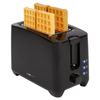 Schwarzer Toaster mit Waffeln, der über Bedienelemente und Aussparungen für Toastscheiben verfügt.