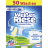 Waschmittelverpackung mit der Aufschrift "Weißer Riese Universal Pulver" und leuchtenden Farben.